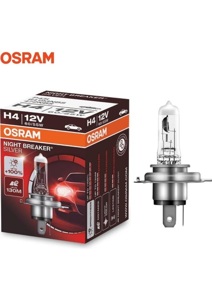 12V H4 AMPUL 60/55W +%100 PARLAK IŞIK +150 METRE FAZLA GÖRÜŞ NIGHT BREAKER SILVER (1 AD)