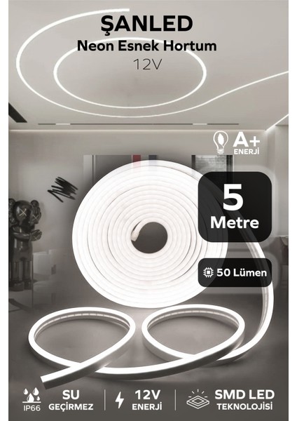 12VOLT Neon Esnek Hortum LED Beyaz ,gün Işığı,amber,mavi,kırmızı,yeşil Işık 5 Metre-Trafosuz