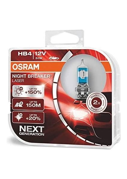 12V HB4 AMPUL 51W +%150 FAZLA IŞIK 3200K NIGHT BREAKER LASER (2 AD)