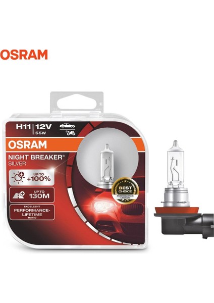 12V H11 AMPUL 55W +%100 FAZLA IŞIK NIGHT BREAKER SILVER (2 AD)