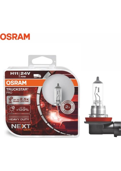 24V H11 Ampul 70W TRUCKSTAR+%120 Fazla Işık Sarsıntıya Dayanıklı (2 Ad)