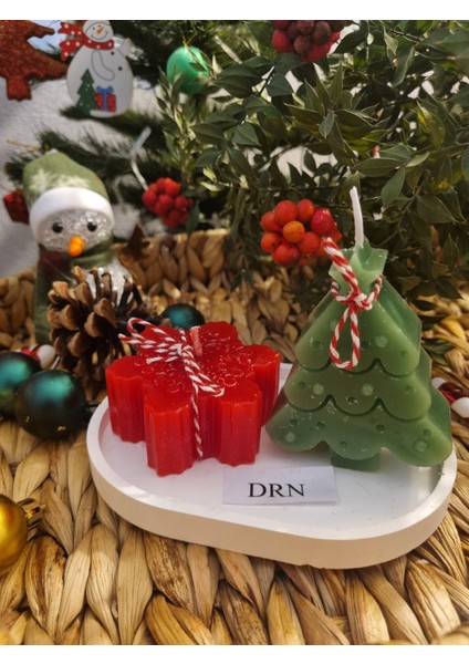 Yılbaşı Çam Ağacı ve Kırmızı Kar Tanesi Kokulu Mum Seti, Sunum Tabaklı