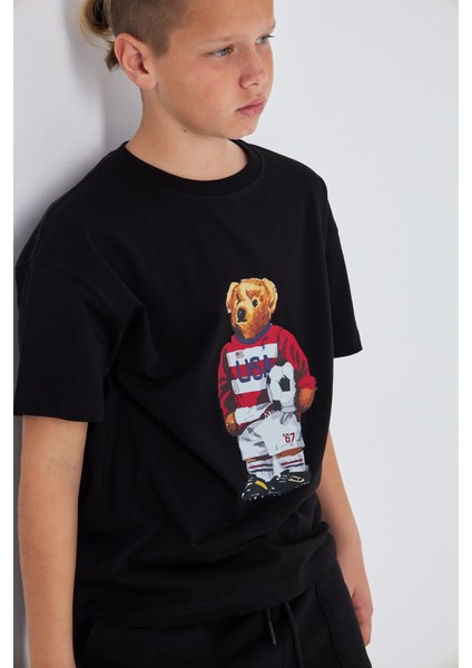 Teddy Bear Baskılı %100 Pamuk Erkek Oversize Çocuk Tişört fırsatları