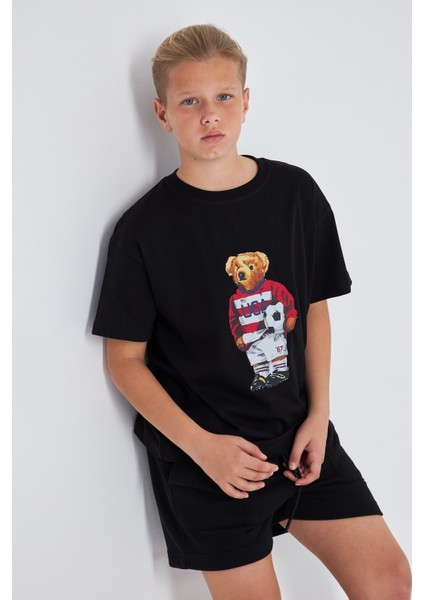 Teddy Bear Baskılı %100 Pamuk Erkek Oversize Çocuk Tişört indirimleri