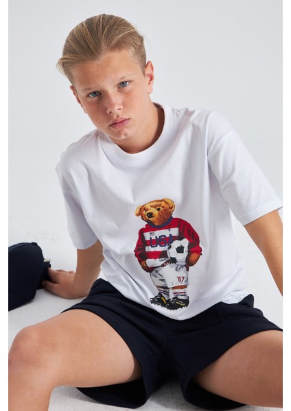 Teddy Bear Baskılı %100 Pamuk Erkek Oversize Çocuk Tişört