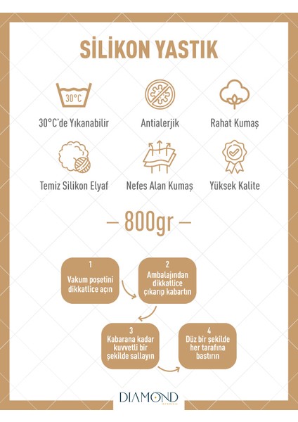 2 Adet Silikon Yastık 800 gr Mikrofiber Kumaş Silikon Elyaf Dolgulu Ev Otel 2'li Çeyiz Yastığı