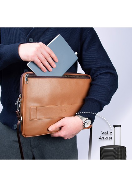 S.Deri Laptop Çantası,Tablet Çantası,13.3'' Inç,n,Omuz ve Valiz Askılı,Aksesuar ve Evrak Cepli,24*34*2 cm.,Taba
