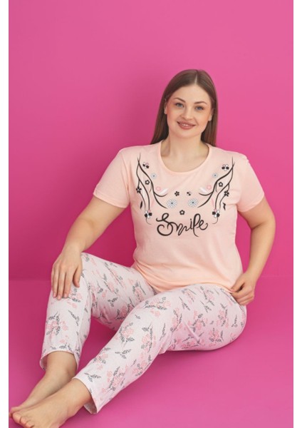 X-Dreamy Büyük Beden Pamuklu Çiçekli Kısa Kollu Pijama Takımı
