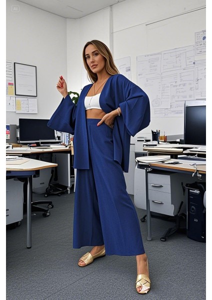 Lacivert Keten Kadın Salaş Kimono Ikili Takım