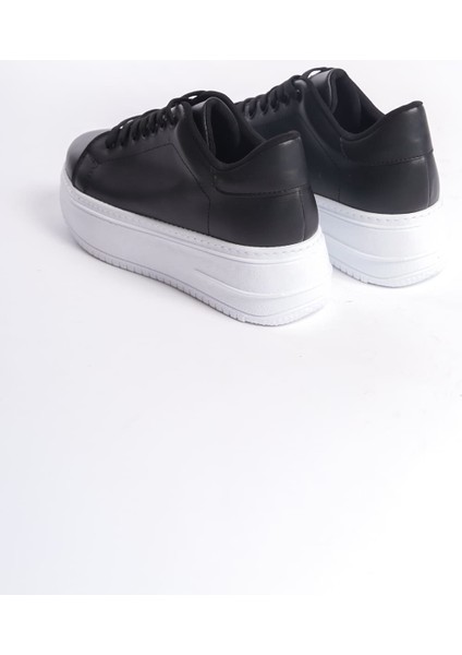 Lyon Bağcıklı Ortopedik Rahat Beyaz Kadın Sneaker - Siyah Beyaz