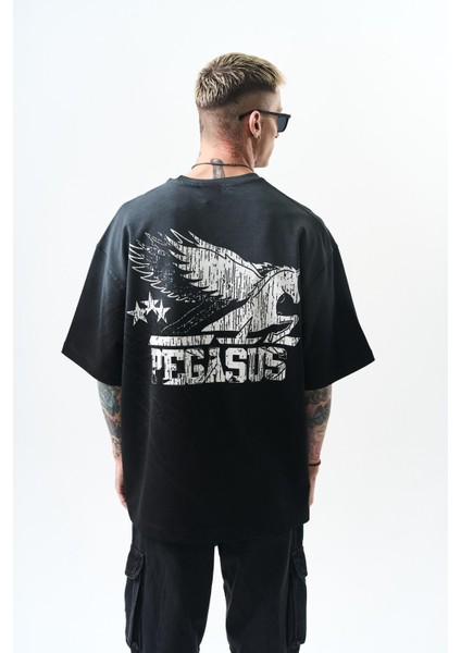 Erkek Pegasus Baskılı Oversize T-Shirt Siyah modelleri