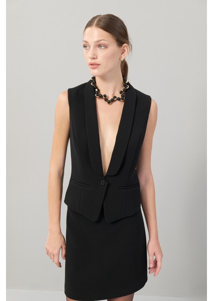 V Yaka Düğmeli Yelek Siyah K2517017_001