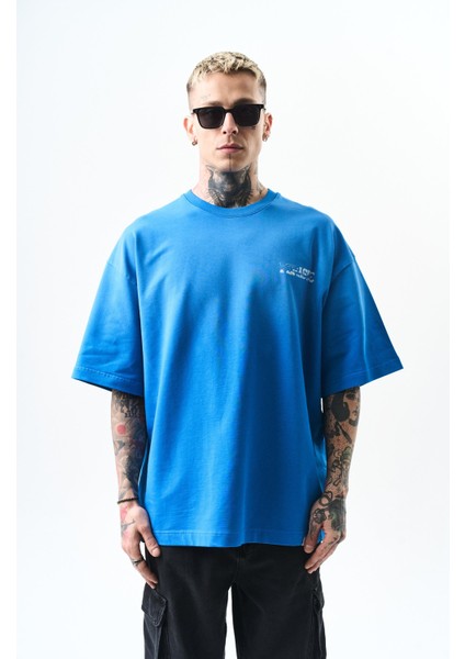 Erkek Pegasus Baskılı Oversize T-Shirt Mavi
