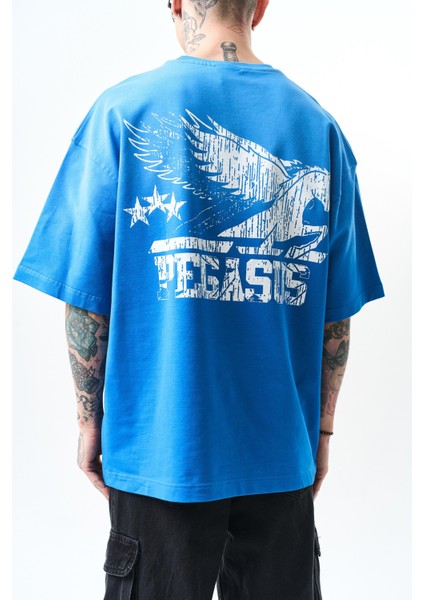 Erkek Pegasus Baskılı Oversize T-Shirt Mavi indirimleri