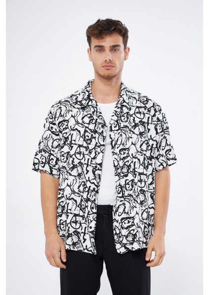 Erkek Baskılı Oversize Gömlek, %100 Viskon, Yumuşak Tuşe Kumaş, Küba Yaka, Kısa Kollu Gömlek