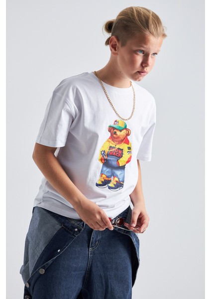 Teddy Bear Snow Beach Baskılı %100 Pamuk Erkek Oversize Çocuk Tişört