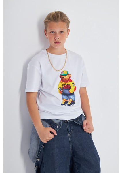 Teddy Bear Snow Beach Baskılı %100 Pamuk Erkek Oversize Çocuk Tişört fiyatları