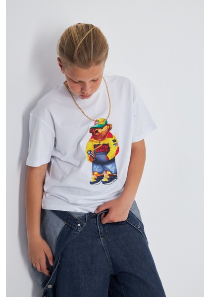 Teddy Bear Snow Beach Baskılı %100 Pamuk Erkek Oversize Çocuk Tişört indirimleri