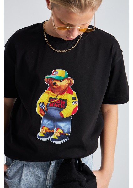 Teddy Bear Snow Beach Baskılı %100 Pamuk Erkek Oversize Çocuk Tişört