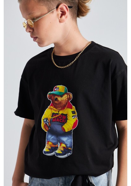 Teddy Bear Snow Beach Baskılı %100 Pamuk Erkek Oversize Çocuk Tişört fırsatları