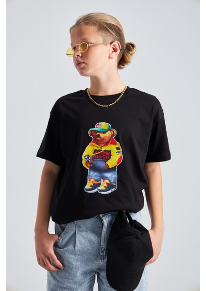 Teddy Bear Snow Beach Baskılı %100 Pamuk Erkek Oversize Çocuk Tişört indirimleri