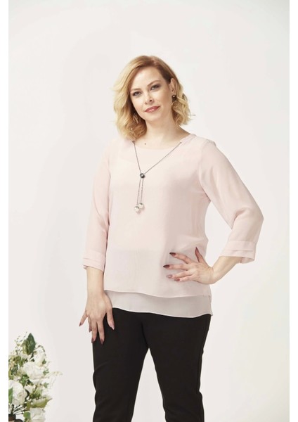 1934 Kolyeli Şifon Büyük Beden Şık Bluz Açık Pembe