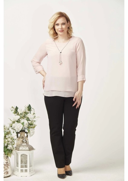 1934 Kolyeli Şifon Büyük Beden Şık Bluz Açık Pembe fiyatları