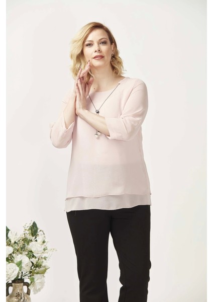 1934 Kolyeli Şifon Büyük Beden Şık Bluz Açık Pembe modelleri