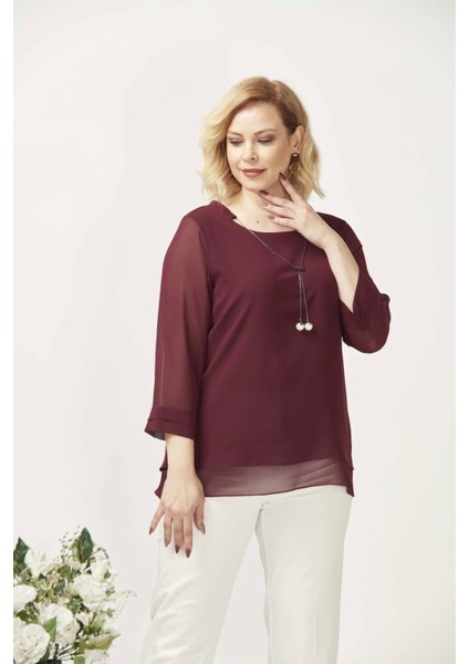 1934 Kolyeli Şifon Büyük Beden Şık Bluz Bordo