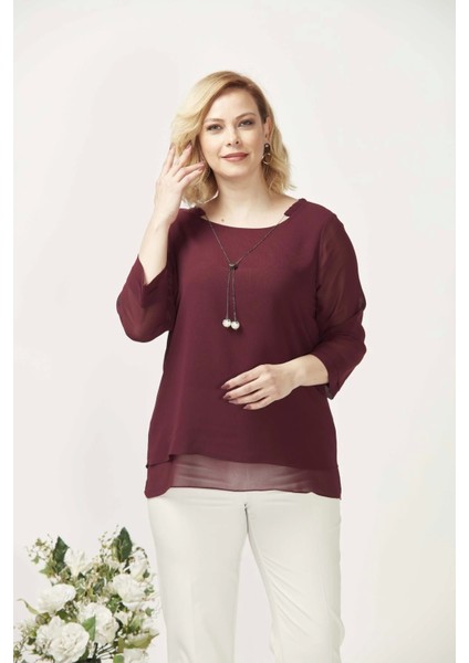 1934 Kolyeli Şifon Büyük Beden Şık Bluz Bordo fiyatları