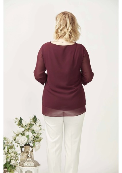 1934 Kolyeli Şifon Büyük Beden Şık Bluz Bordo modelleri