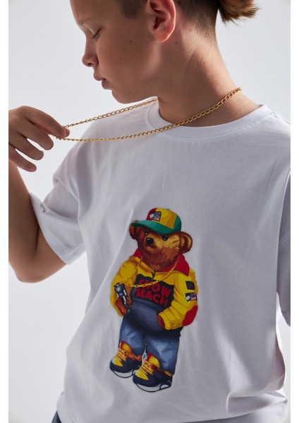 Teddy Bear Snow Beach Baskılı %100 Pamuk Erkek Oversize Çocuk Tişört modelleri