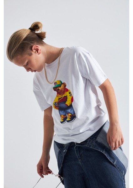 Teddy Bear Snow Beach Baskılı %100 Pamuk Erkek Oversize Çocuk Tişört fırsatları