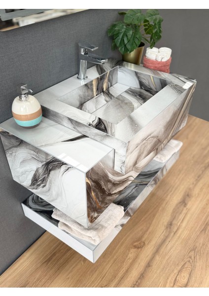 Porselen Banyo Lavabosu - Beyazsiyahsarı L13