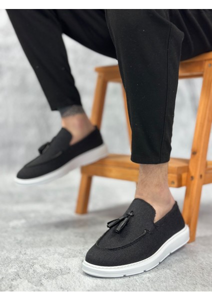 BA0005 Bağcıksız Yüksek Taban Klasik Keten Siyah Püsküllü Erkek Ayakkabı