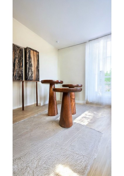 Wood Ahşap 3’lü Set Mantar Yan Sehpa Konik Model / Kestane Renk / Zigon Sehpa Vernikli