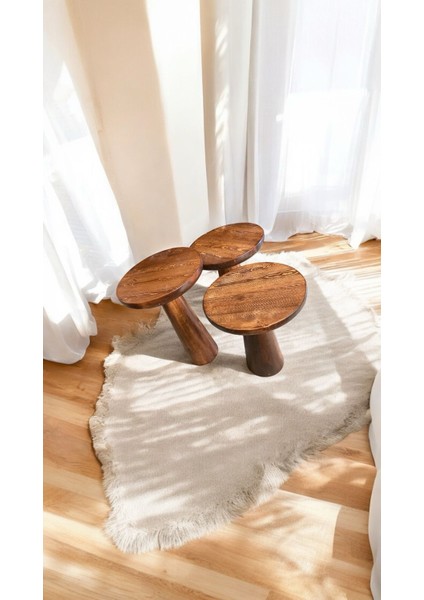 Wood Ahşap 3’lü Set Mantar Yan Sehpa Konik Model / Kestane Renk / Zigon Sehpa Vernikli modelleri