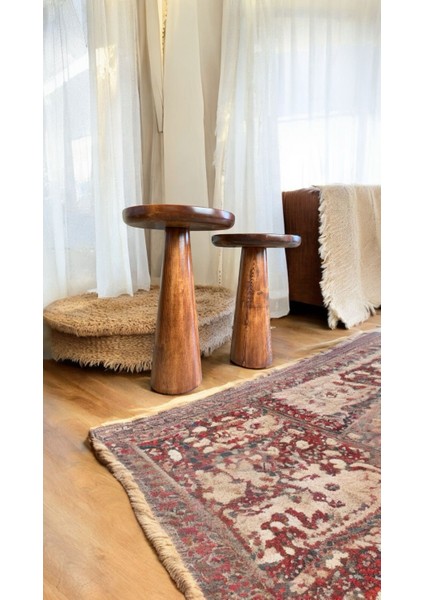 Wood Ahşap 2'li Set Konik Mantar Yan Sehpa Modern Fiskos / Kestane Renk / Zigon Sehpa Vernikli