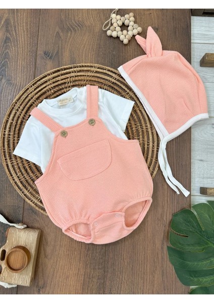 Çıçıtlı Zıbın ve Body Şapkalı Pamuklu Cepli 3lü Günlük Kız Çocuk Salopet Tulum