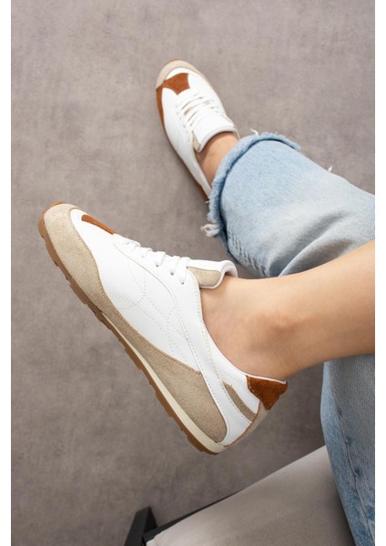 Rounya Kadın Sneakers Bağcıklı Spor Ayakkabı Beyaz Vizon Süet