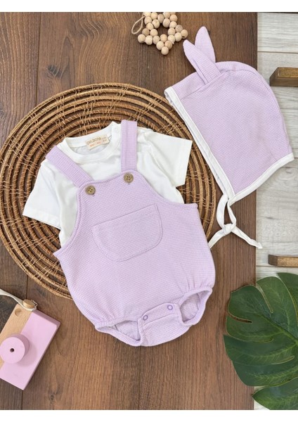 Çıçıtlı Zıbın ve Body Şapkalı Pamuklu Cepli 3lü Günlük Kız Çocuk Salopet Tulum