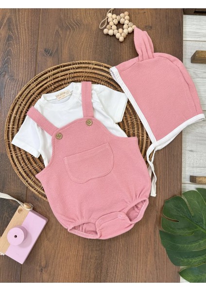 Çıçıtlı Zıbın ve Body Şapkalı Pamuklu Cepli 3lü Günlük Kız Çocuk Salopet Tulum