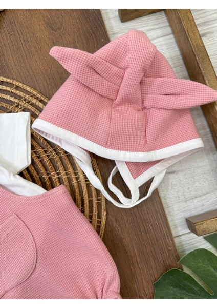 Çıçıtlı Zıbın ve Body Şapkalı Pamuklu Cepli 3lü Günlük Kız Çocuk Salopet Tulum
