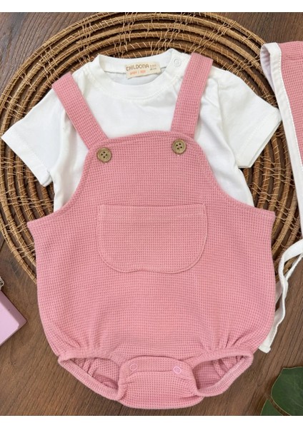 Çıçıtlı Zıbın ve Body Şapkalı Pamuklu Cepli 3lü Günlük Kız Çocuk Salopet Tulum