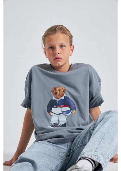 Teddy Bear Kaykay Tasarım Baskılı %100 Pamuk Erkek Oversize Çocuk Tişört