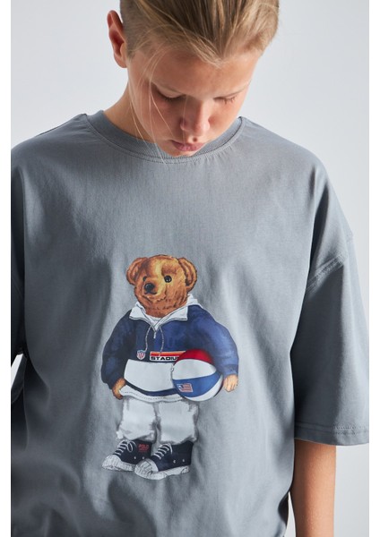 Teddy Bear Kaykay Tasarım Baskılı %100 Pamuk Erkek Oversize Çocuk Tişört fiyatları