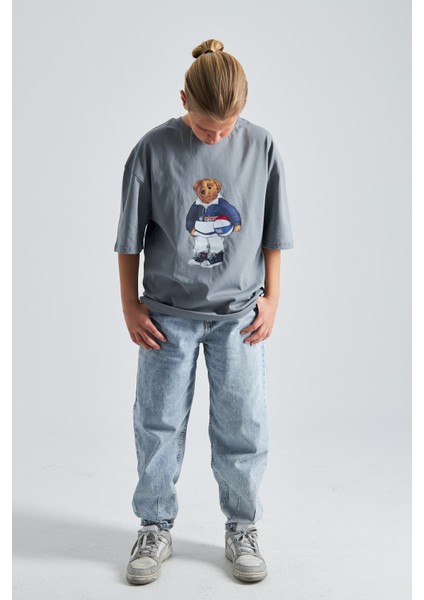Teddy Bear Kaykay Tasarım Baskılı %100 Pamuk Erkek Oversize Çocuk Tişört modelleri
