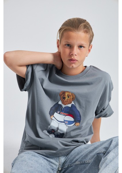 Teddy Bear Kaykay Tasarım Baskılı %100 Pamuk Erkek Oversize Çocuk Tişört fırsatları