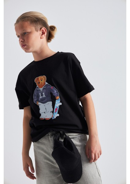 Teddy Bear Kaykay Tasarım Baskılı %100 Pamuk Erkek Oversize Çocuk Tişört