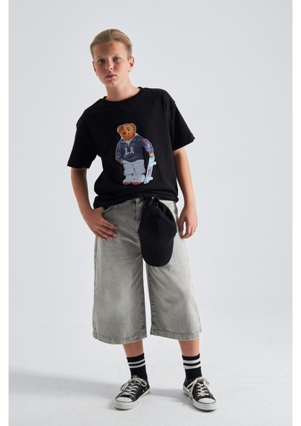 Teddy Bear Kaykay Tasarım Baskılı %100 Pamuk Erkek Oversize Çocuk Tişört fiyatları